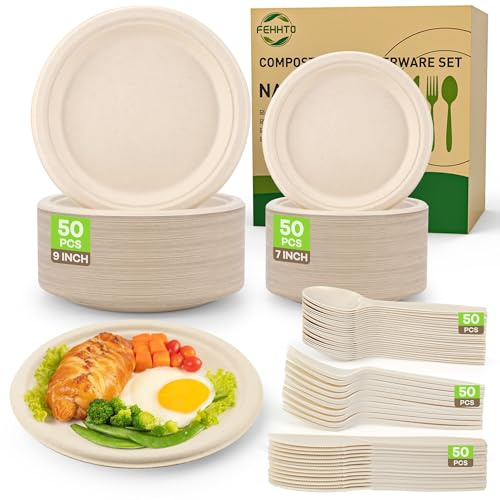 Compostable Paper Plates Set, 250PCS Disposable Heavy-Duty Sugarcane Plate
