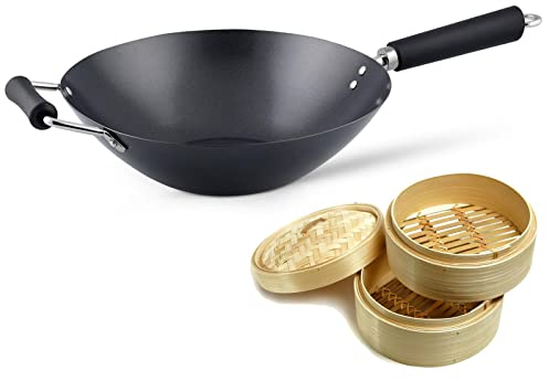 Ken Hom großer Wok Induktion 31 cm Antihaft aus Karbonstahl mit Phenolharz-Griff - Set inkl. Dampfgarer Ø 20 cm