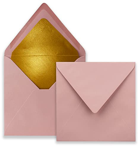 50 quadratische Brief-Umschläge - 15,5 x 15,5 cm, Altrosa (Rosa) - mit Gold-Papier gefüttert - Nassklebung - FarbenFroh by GUSTAV NEUSER