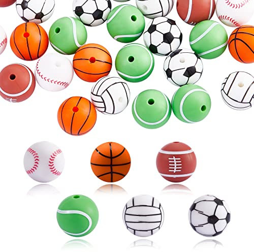 WEWAYSMILE 60pcs Acrylic Sports Beads, Acrylic Alphabet Sports Beads, Silicone Football Loose Beads, for DIY and Art Craft Jewelry Making