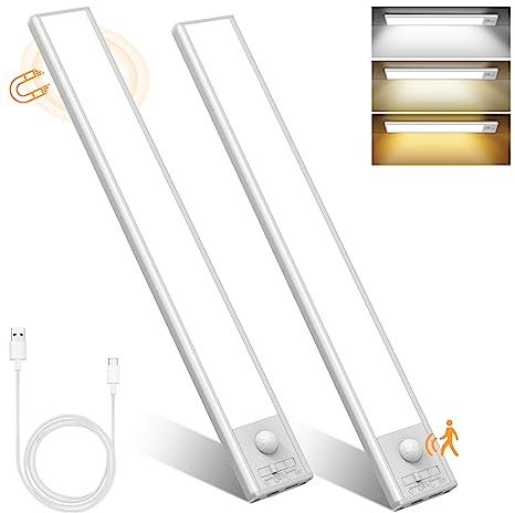 Bawoo Unterbauleuchte Küche LED 30CM, 2 Stück 86 LEDS Schrankbeleuchtung mit Bewegungsmelder, Stufenlose Dimmbar 3 Farbmodi Unterbauleiste, 2000mAh USB Aufladbar LED leiste für Küche, Schrank, Treppe