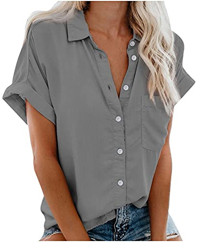 MeiLyviba Damen Bluse Kurzarm Sommershirts Mode Lose Tunika Lose Knöpfe Oberteile Tshirt mit Kragen Kurz Ärmel T Shirt Tops Bunte Blumenmuster Druck V-Ausschnitte Elegant Damenblusen Hemdbluse