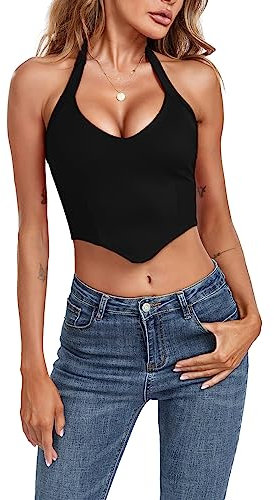 EVELIFE Women's Crop Top Sexy Deep V Halter Neck Vest Sleeveless Corset Bustier Cami Summer Camisole (Black, XS)