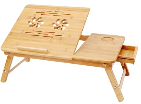 Lap Desk - Scrivania per computer portatile da letto, in bambù, con angolo regolabile in altezza, pieghevole, con slot per tablet