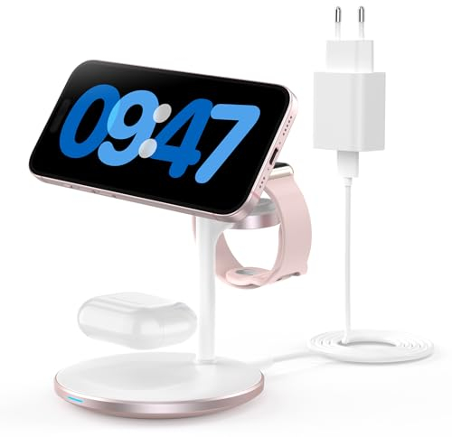 Estación de Carga inductiva, Cargador de estación de Carga inalámbrico 3 en 1, Cargador inalámbrico Compatible con Cargador mag Safe para iPhone 16 15 14 Pro MAX/Plus Apple Watch Ultra 8 Rosa