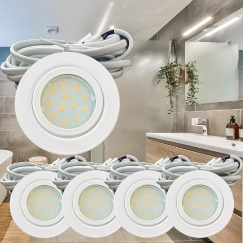Rolux IP44 Möbel Einbauleuchte Leni 12V flach 5 x 2,4W LED-Einbaustrahler 55mm Lochausschnitt 200lm Weiß inkl. LED Trafo, AMP Verteiler, 230V Zuleitung mit Schnurschalter 4000K Neutralweiß