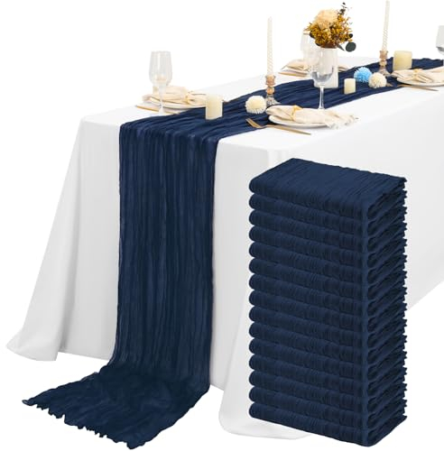 Käsetuch Tischläufer 15 Stück Navy Blau Seihtuch Tischläufer Dunkelblau Transluzent Tüll Tischdecke 55x300cm, Marineblau Rustikaler Gaze Boho-Tischläufer für Hochzeitsfeier Brautparty Tischdekoration