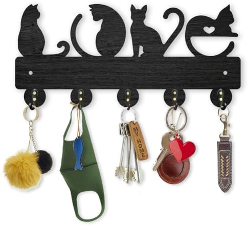 MAYJOYDIY Love Cat Key Holder for Wall Wooden Cat Animal Key Hooks 30×13.8cm 5 Alloy Hooks 4 Cats Key Rack for Gift Front Door Entryway Hallway Office Wall Organizer Art Decor
