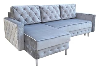 Ares Meble Ecksofa mit Schlaffunktion 227x144 cm - Ottomane Sofa L Form - L Couch 3 Sitzer - Schlafcouch mit Bettkasten - Samt Sofa Glamour - Chesterfield Sofas Ausziehbar - Weiße Beine - Grau