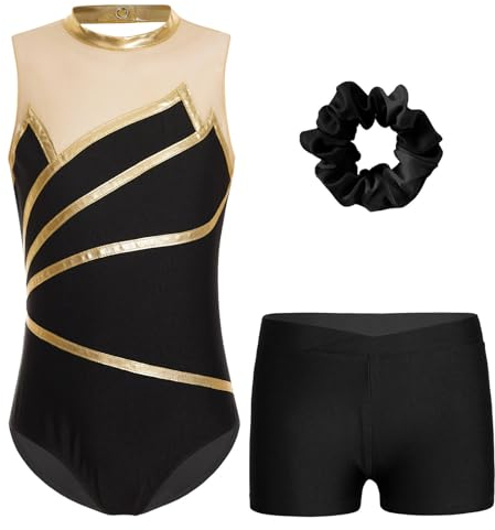 Kvysinly Glänzend Turnanzug Mädchen Gymnastikanzug Set Turnbody mit Haarband und Hose Ballettkleidung Tanz Training Dancewear Gold 158-164