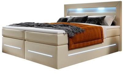 Boxspringbett Sevilla 180x200 Doppelbett Polsterbett Bett mit LED-Beleuchtung und Stauraum | Bezug: Kunstleder | Farbe: Beige | Härtegrad: H2 (bis 70kg)
