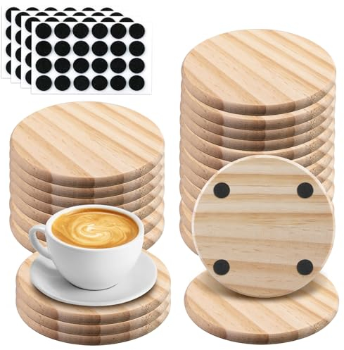 HOMURY Lot de 24 dessous de verre en bois : dessous de verre ronds en bois avec tapis antidérapant - Pour fleurs, plantes, boissons, bière, verre (10 x 10 x 0,8 cm)