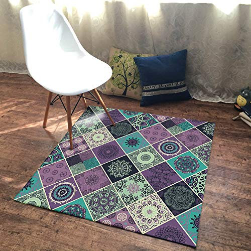 SRTJURFG Teppich Quadratisch rutschfest Waschbar Küchenteppich Geometrische Blumenpaneele in Lila Groß Schutzmatten für Wohnzimmer, Flur, Schlafzimmer, Kinderzimmer, 100 x 100 cm