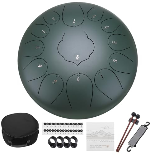 sourcing map Steel Tongue Drum, 30.5 cm 13 Noten Steel Hand Drums with Bag, Drum Mallets and Music Book, Worry Free Drum for Yoga Meditation Camping (Stone Green)