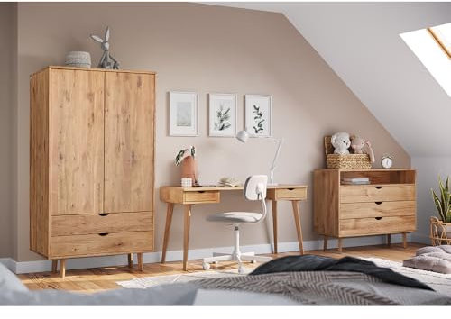 Lomadox Jugendzimmer Kinderzimmer Möbel Set 3-teilig Kommode, Schreibtisch, Kleiderschrank 110cm breit Eiche massiv