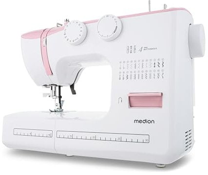 MEDION Freiarm-Nähmaschine SM60 (60 Watt, 60 verschiedene Stichmuster mit Knopflöchern, LED Nählicht, automatischer Einfädler, Rückwärtstaste, Fadenschneider, MD10689) rosa