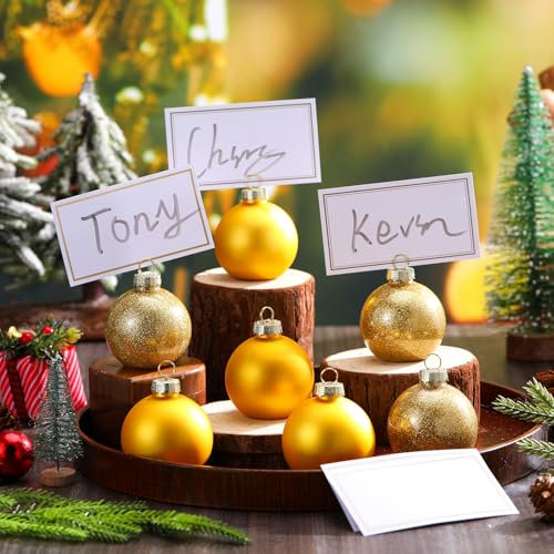 Qilery Lot de 24 porte-cartes de table pour décoration de Noël et 48 cartes de nom en forme de boule en verre doré pour décoration de table de fête de Noël, anniversaire de mariage