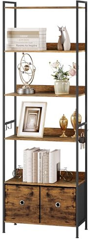 WOLTU Standregal, Bücherregal mit 5 Ablagen 2 Schubladen, stehendes Regal für Wohnzimmer Küche Arbeitszimmer Schlafzimmer, mit Metallrahmen, 63x187x30 cm, rustikales Braun + Schwarz, RGB62vbn
