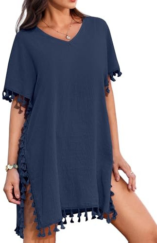 AI'MAGE Strand Coverup Tunika Bikini Damen Strandkleid Sommer Strandtunika Kurzarm Strandponcho Sommerkleider, Navyblau, 3XL
