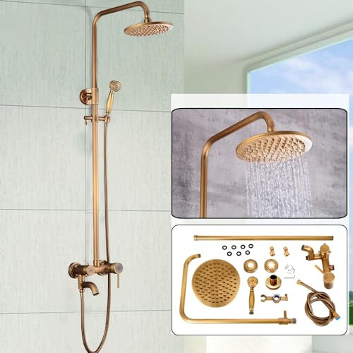 Retro Antik Bronze Duschsystem Duscharmatur Duschset Kopfbrause mit Handbrause, Bronzeoberflächenbehandlung Golden