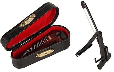 Zoeyilan Miniatur-Geige aus Holz mit Ständer, Bogen und Koffer, 8 cm Mini-Geige, Mini-Musikinstrumente-Zubehör, Puppenhaus-Modell für Geburtstags-Heimdekoration