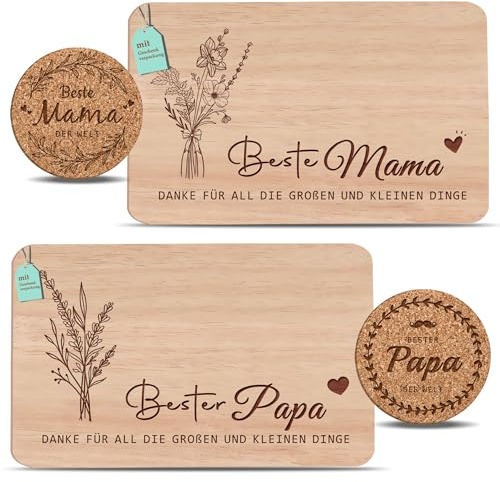 2er Set Frühstücksbrettchen Mama & Papa Geschenk | Brotzeitbrett mit Gravur | Großeltern Geschenke Buchenholz Schneidebrett | Geschenkidee ideal für Mutter&Vatertag Geburtstags Weihnachten