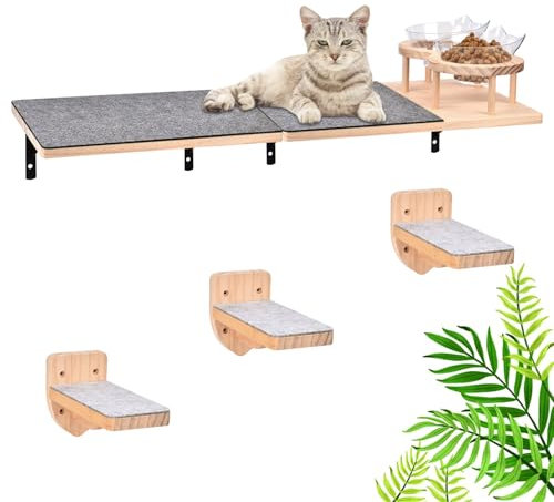 Wall Mounted Cat Hammock Cat Wall Shelves with 2 Food Bowls and 3 Steps,2pc Perches with Felt Covered,Wood Climbing Shelf with Feeding Station for Climbing Sleeping Playing