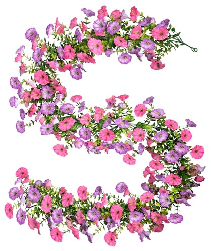 YMIFEEY 2 Stück Künstliche Blumengirlande Kunstblumen Hängend (Lila+Rosa) | 1.8m Wetterfest Hängepflanze Petunien, Üppige Seidenblumen Künstliche Blumen Girlande Ranken Vine, Innen Balkon Terrasse Deko