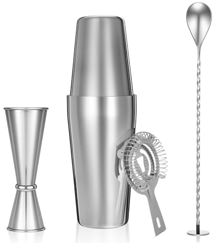 Set di shaker per cocktail, kit professionale da barista da 5 pezzi con shaker Boston, colino Hawthorne, misurino doppio misurino e cucchiaio da 25,4 cm,