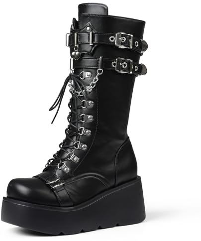 Yremael Women's Black Platform Boots Wedge Combat Gothic Chunky Heel Lace Up Mid Calf Punk Motorcycle Shoes