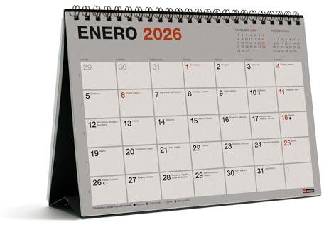 Miquelrius Tischkalender 2026, 100% recyceltes Papier, A5 Monatsplaner, 210 x 148,5 mm, mit Doppelspirale und Notizfach, Schreibtischplaner, Spanisch