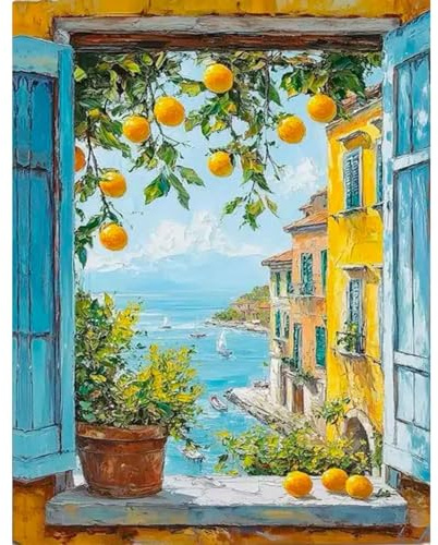 Yunruily Malen Nach Zahlen Erwachsene Zitronenbaum-Adult Paint by Numbers,Fenster-Ansicht Diy Malen Nach Zahlen und Acrylfarbe,zur Heimdekoration,Kein Rahmen (40cmx50cm)