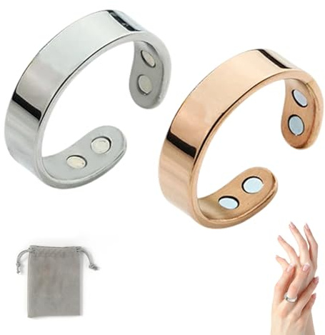 2 Stück Sömni Ring Damen Gegen Migräne Verstellbare Magnetfeldtherapie-Ringe Set, Magnet Ring Damen Migräne Ring Wechseljahre-Unterstützung mit Samtbeutel Magnetischer Akupressurring