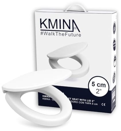 KMINA Rialzo WC per Anziani 5 cm con Copriwater a Chiusura Ammortizzata | Alzawater in Duroplast Bianco, Compatibile con Tazze Ovali Standard, Montaggio nei Fori Originali, Utente Fino a 113 kg