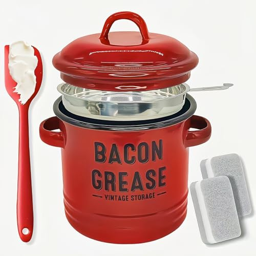 Bacon Grease Container with Strainer - Large 46OZ Kitchen Oil Storage Can, Farmhouse Cooking Pot Keeper Collector With Food-Grade Silicone Spatula for Frying, Baking & Kitchen Oil Storage (Red)