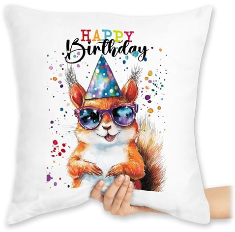 Geschenk mit Namen personalisiert by Shirtracer Kissen 40x40 Zierkissen - Geburtstag Bedruckt - Birthday Eichhörnchen - 40 x 40 cm - Weiß - Geburtstags zum Happy