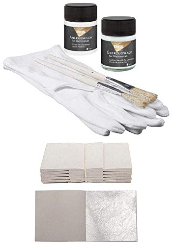 Starterset 100 Blatt Echtes Blattsilber 5cm x 5cm Echt Silber Set Versilbern Basteln Silberblatt Silberfolie + 1x Kreul Anlegemilch Kleber 50ml + 1x Überzugslack 50ml + 1 Paar Handschuhe + 2 Pinsel