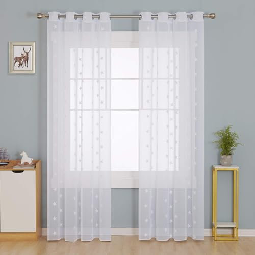 Deconovo Voile Gardinen mit Ösen Vorhang Leinenoptik Transparent Gardinen mit Stickerei Stern, 240x140 cm(HöhexBreite), Weiß, 2er Set