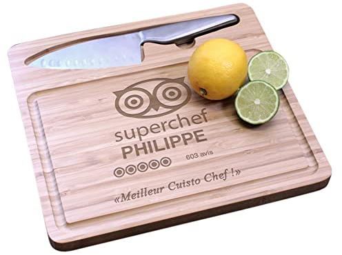 CADEAUX.COM - Planche à Découper Gravé Cuisine d'Excellence et Couteau - Planche à Découper Personnalisé - Bambou - Lavage à la Main Conseillé - Idée Cadeau Fête des Mères - Idée Cadeau Femme