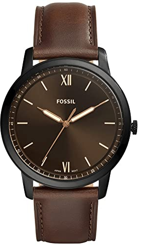 Fossil Minimalist uhr für Herren, Quarzwerk mit Edelstahl- oder Lederarmband, Dunkelbraun, 44MM