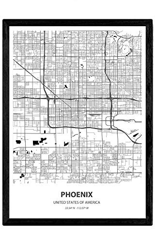 Nacnic Plakat mit Karte von Phoenix - USA. Blätter US-Städte mit Meeren und Flüssen in schwarzer Farbe. A4-Format