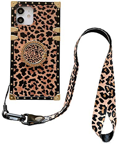 YonMeet Gepard Schutzhülle für iPhone 11 6,1 Zoll mit Diamant-Haltering und Schlüsselband chic Geparden-Schutzhülle weich Leopardenmuster mit Gurt (iPhone 11, dunkler Leopard mit Riemen)