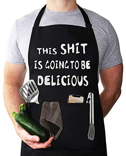 Lustige Schürze, Grillschürze für Männer und Frauen, verstellbare Latzschürze mit 2 Taschen und 152,4 cm Hüftgurt, perfekt für Geburtstag, Koch, Küchenschürze, das wird köstlich sein.
