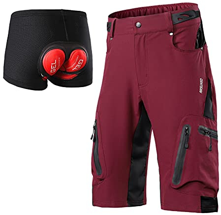 ARSUXEO Herren Radhose Loose Fit MTB Shorts Wasserabweisende Outdoor Sporthose mit 7 Taschen 1202 001B Rot L