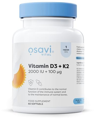Osavi Vitamin D3 + K2, 2000 IU + 100 μg – 60 Softgels | Supports Bone, Teeth & Immune Health | with Quali®–D & K2VITAL® for High Absorption | MCT Oil–Based Formula