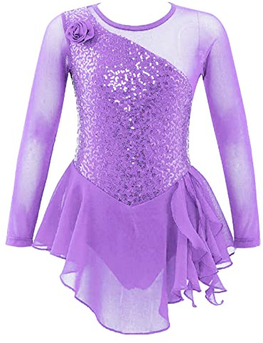 MSemis Vestito da Pattinaggio Artistico Bambina Ragazza con Strass Vestito da Balletto a Maniche Lunghe Vestito Danza Classica Patchwork Abito da Ballo Pattinatrice Ballerina