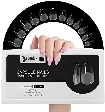Beautilux Amande Capsule Americaine Ongle Court, Court Capsules Ongles Transparente Acrylique 552 Pièces 12 Tailles, Soak Off Court Faux Ongles Pose Americaine Pour Manucures à Domicile Et Salons