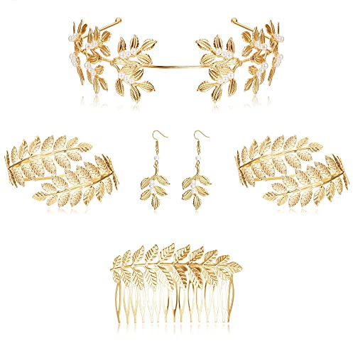 Finrezio 6Stück Griechische Göttin Kostüm Schmuck Set Für Damen Lorbeerblätter Diadem Stirnband Haarkamm Ohrringe Spirale Oberarm Armbänder für Braut Hochzeit Kopfschmuck Toga Party