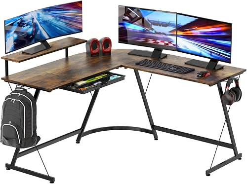 SHW Vista L-Schreibtisch mit Monitorständer-Schublade, rustikales Braun