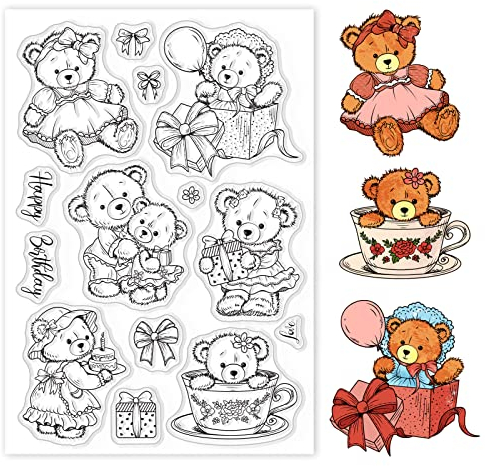 GLOBLELAND Teddybär Puppe Klare Stempel für DIY Scrapbooking Dekor Tiere Geschenkboxen Geburtstage Schleifen Blumen Transparente Silikonstempel zum Basteln von Karten Fotoalbum Dekoration